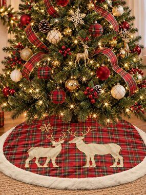 Christmas Tree Skirt Tartan Plaid Red Deer Snowflake Satin Lined Fur Trim 56”